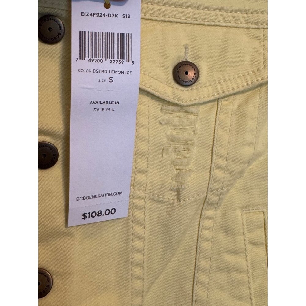 Bcbg Generation Cropped Small Denim Jacket In Soft Lemon Yellow Distressed - Picture 5 of 8